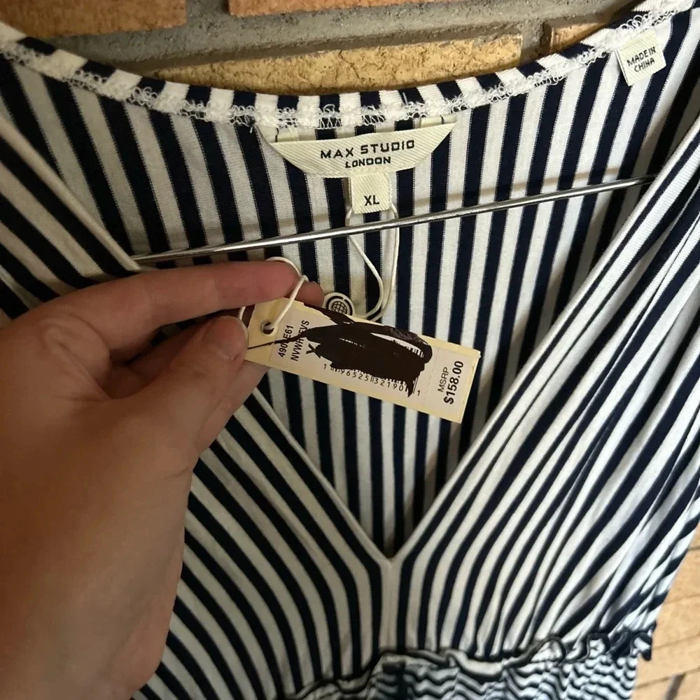 Max Studio London Tied V Neck Maxi Sleeveless Dress Navy & White Striped Size XL - Picture 3 of 4
